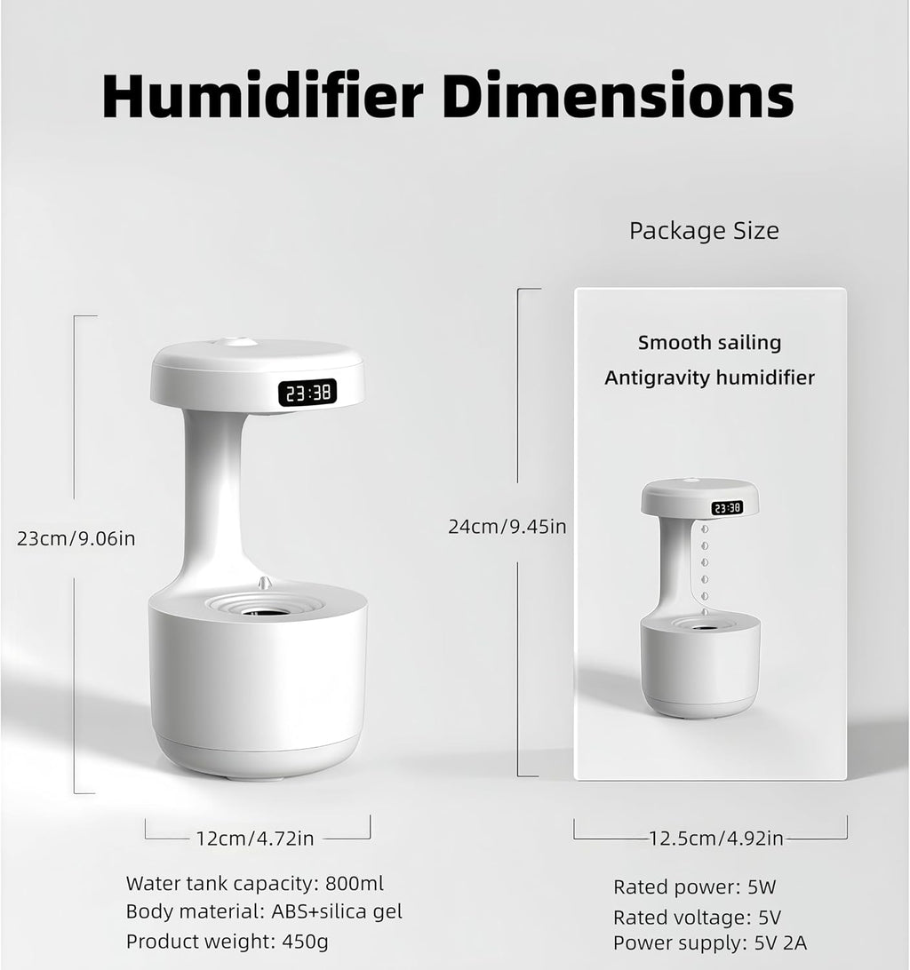 Humidifiers for Bedroom, 800Ml Cool Mist Air Humidifier, Anti-Gravity Digital Humidifier with LED Display, Quiet Knob Control for Bedroom, Plants, Nursery, Office - White