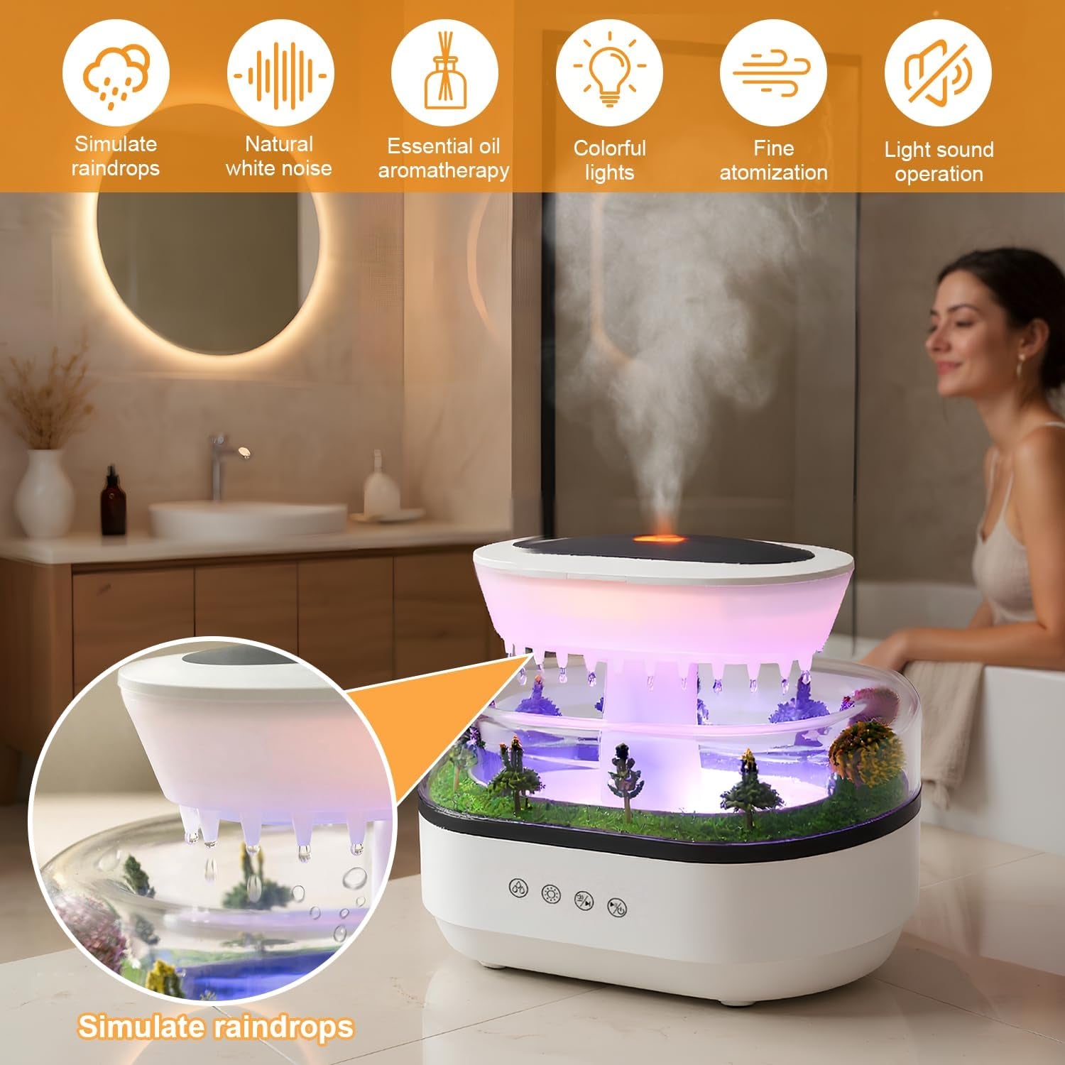 Cloud Rain Humidifier Water Drip, 7 Colors Rainfall Humidifier with Rain Sounds, 250Ml Microlandscape Raindrop Essential Oil Aromatherapy Diffuser for Bedroom, Silent Rain Lamp, Timing, Auto-Off