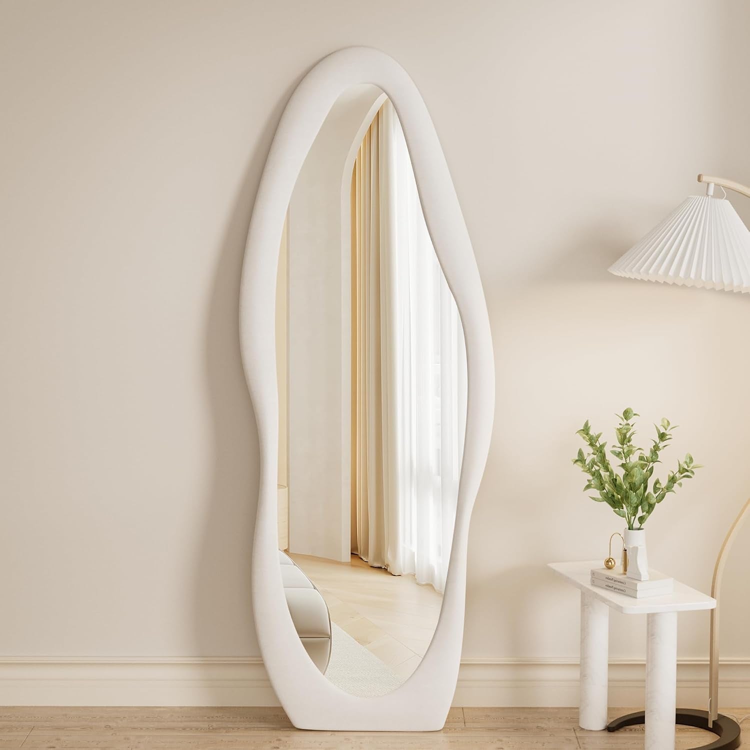 Full Length Mirorr, 63"X24" Mirror Full Length, Irregular Wall Mounted Mirror, Standing Floor Mirror with Flannel, Wavy Body Mirorr Hanging or Leaning against Wall for Bedroom (White)