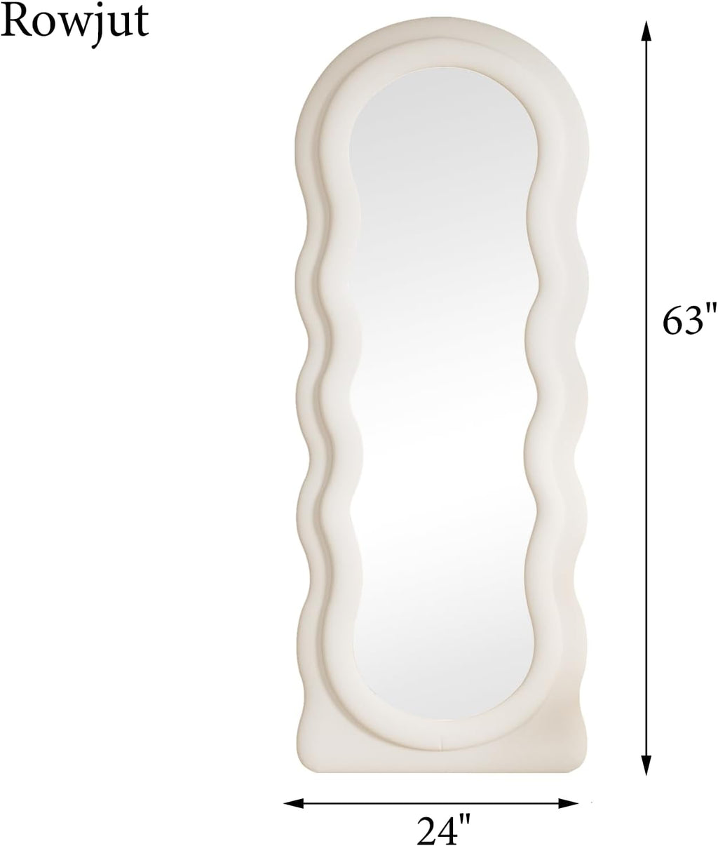 Full Length Mirorr, 63"X24" Mirrors Full Length, Irregular Wavy/Wall Mounted & Standing Floor Mirror with Flannel, Body Mirorr Hanging or Leaning against Wall for Bedroom (White)