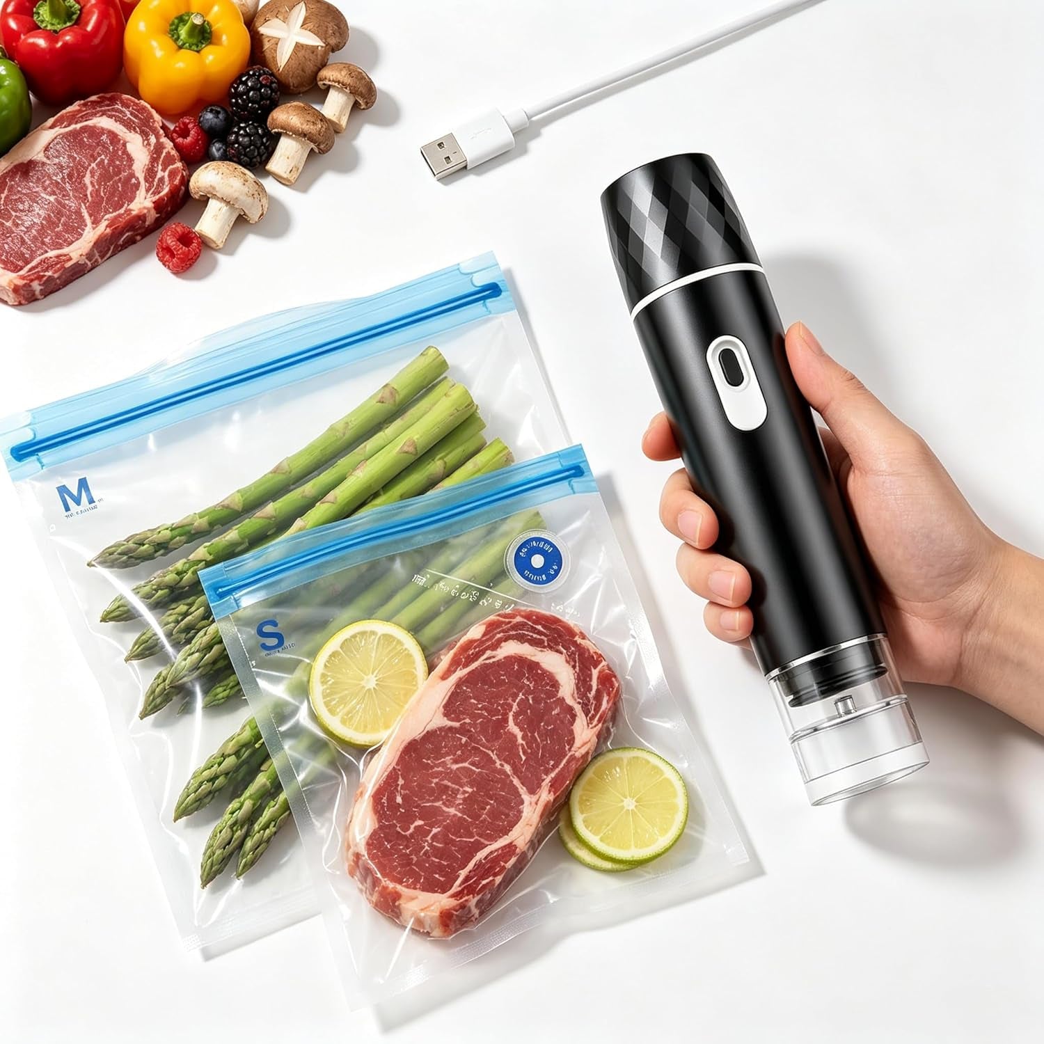 Vacuum Sealer for Food,Compact Vacuum Sealer Machine (Vacuum Sealer + 10 Reusable Vacuum Bags,Cordless Handheld Vacuum Sealer,Portable Food Sealer for Meal Prep