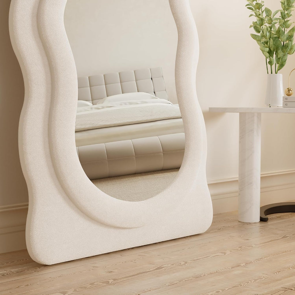 Full Length Mirorr, 63"X24" Mirrors Full Length, Irregular Wavy/Wall Mounted & Standing Floor Mirror with Flannel, Body Mirorr Hanging or Leaning against Wall for Bedroom (White)