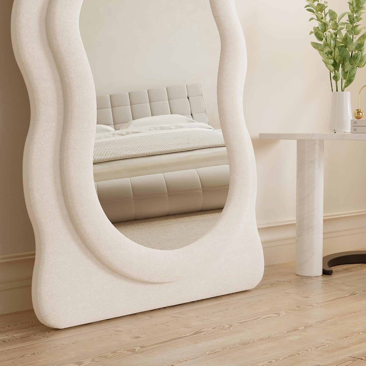 Full Length Mirorr, 63"X24" Mirrors Full Length, Irregular Wavy/Wall Mounted & Standing Floor Mirror with Flannel, Body Mirorr Hanging or Leaning against Wall for Bedroom (White)