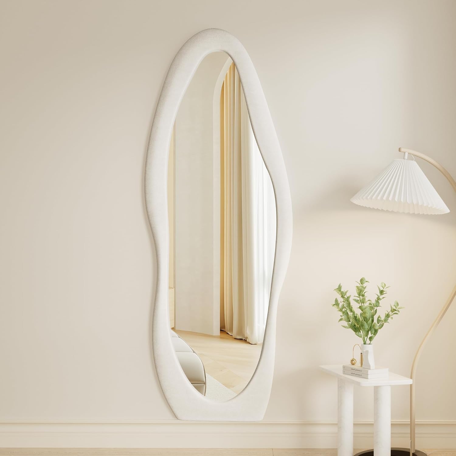 Full Length Mirorr, 63"X24" Mirror Full Length, Irregular Wall Mounted Mirror, Standing Floor Mirror with Flannel, Wavy Body Mirorr Hanging or Leaning against Wall for Bedroom (White)