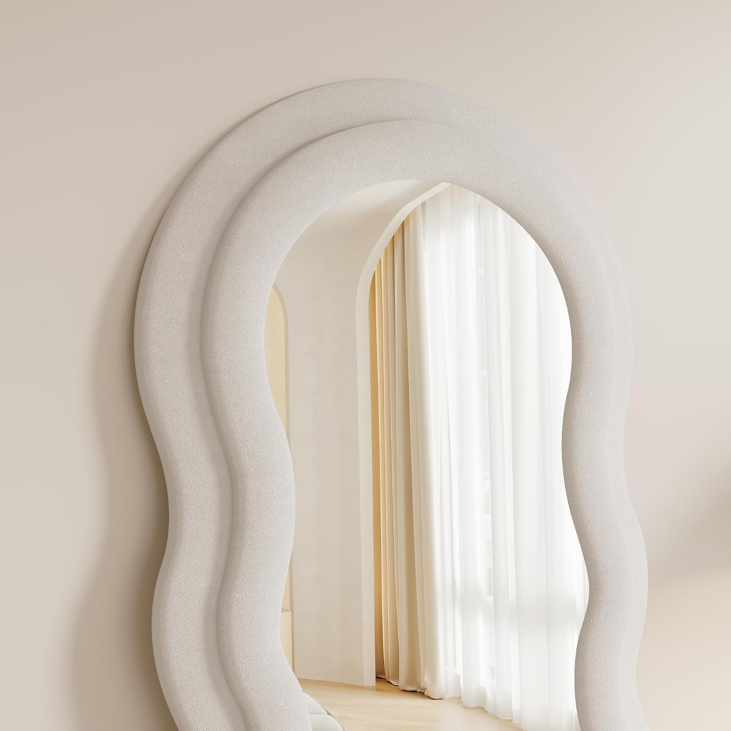Full Length Mirorr, 63"X24" Mirrors Full Length, Irregular Wavy/Wall Mounted & Standing Floor Mirror with Flannel, Body Mirorr Hanging or Leaning against Wall for Bedroom (White)