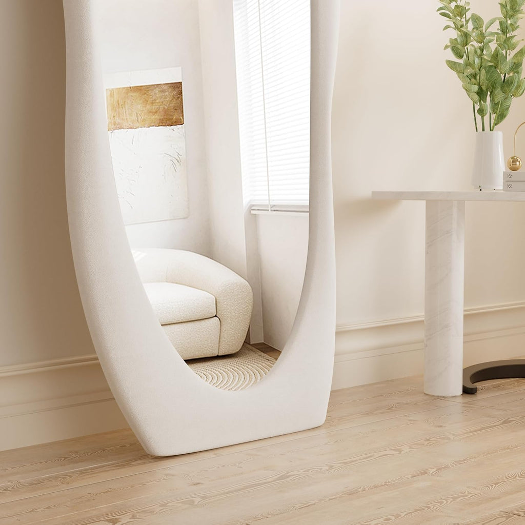 Full Length Mirorr, 63"X24" Mirror Full Length, Irregular Wall Mounted Mirror, Standing Floor Mirror with Flannel, Wavy Body Mirorr Hanging or Leaning against Wall for Bedroom (White)