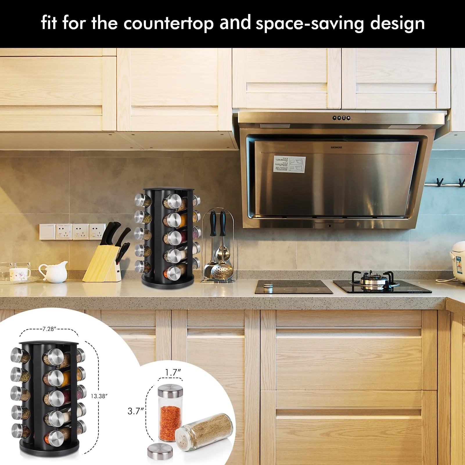 Rotating Spice Rack with Jars, Spinning Spice Rack Shelf, Revolving Spice Rack for Kitchen (Black)