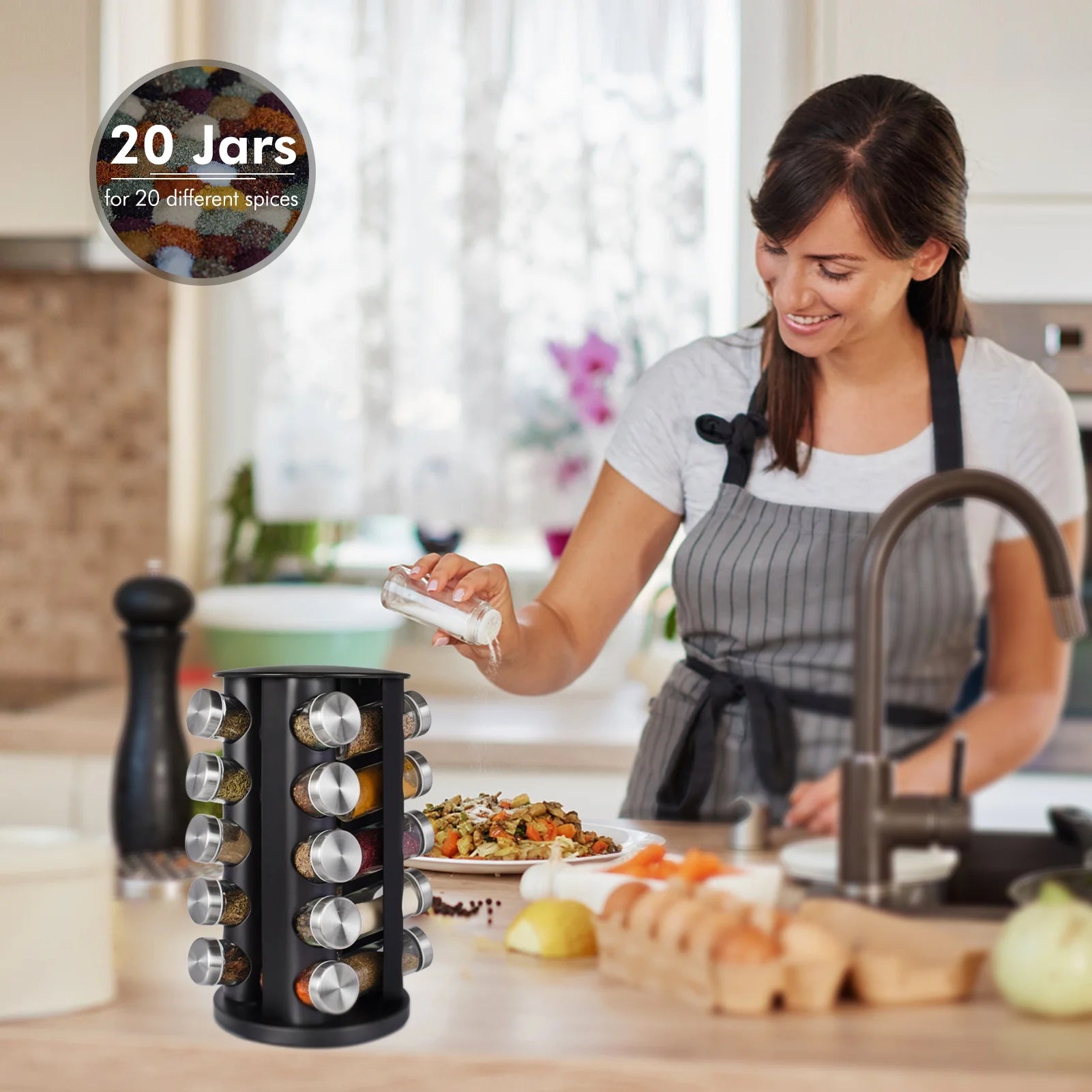 Rotating Spice Rack with Jars, Spinning Spice Rack Shelf, Revolving Spice Rack for Kitchen (Black)