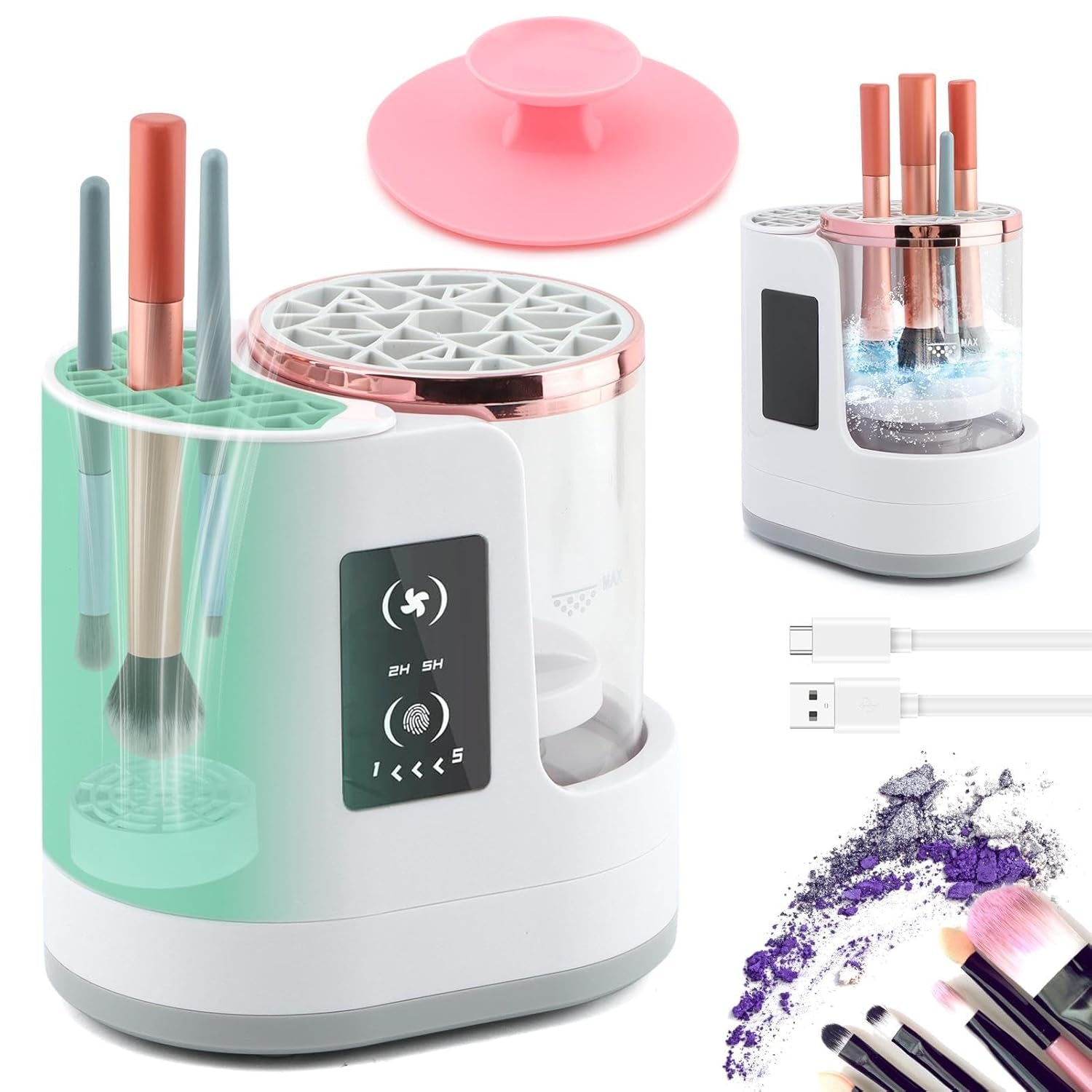 Electric Makeup Brush Cleaner Machine, 3 in 1 Automatic Makeup Brush Cleaner with Brushes Dryer for Most Size Beauty Brushes Set(White,Size:6.8Inch)