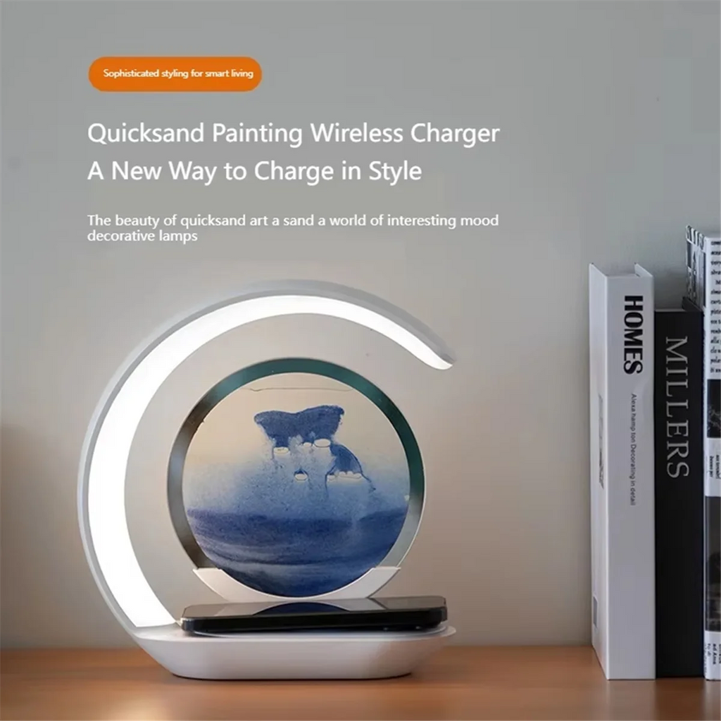 Retail! 15W Wireless Charger with Quicksand Painting Night Lamp Table Top Decoration Fast Charging Station Orange