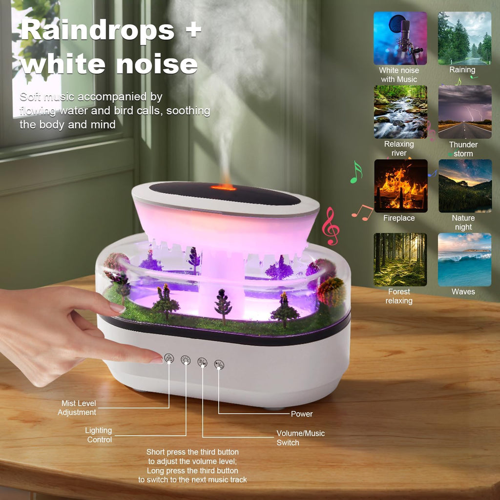 Cloud Rain Humidifier Water Drip, 7 Colors Rainfall Humidifier with Rain Sounds, 250Ml Microlandscape Raindrop Essential Oil Aromatherapy Diffuser for Bedroom, Silent Rain Lamp, Timing, Auto-Off