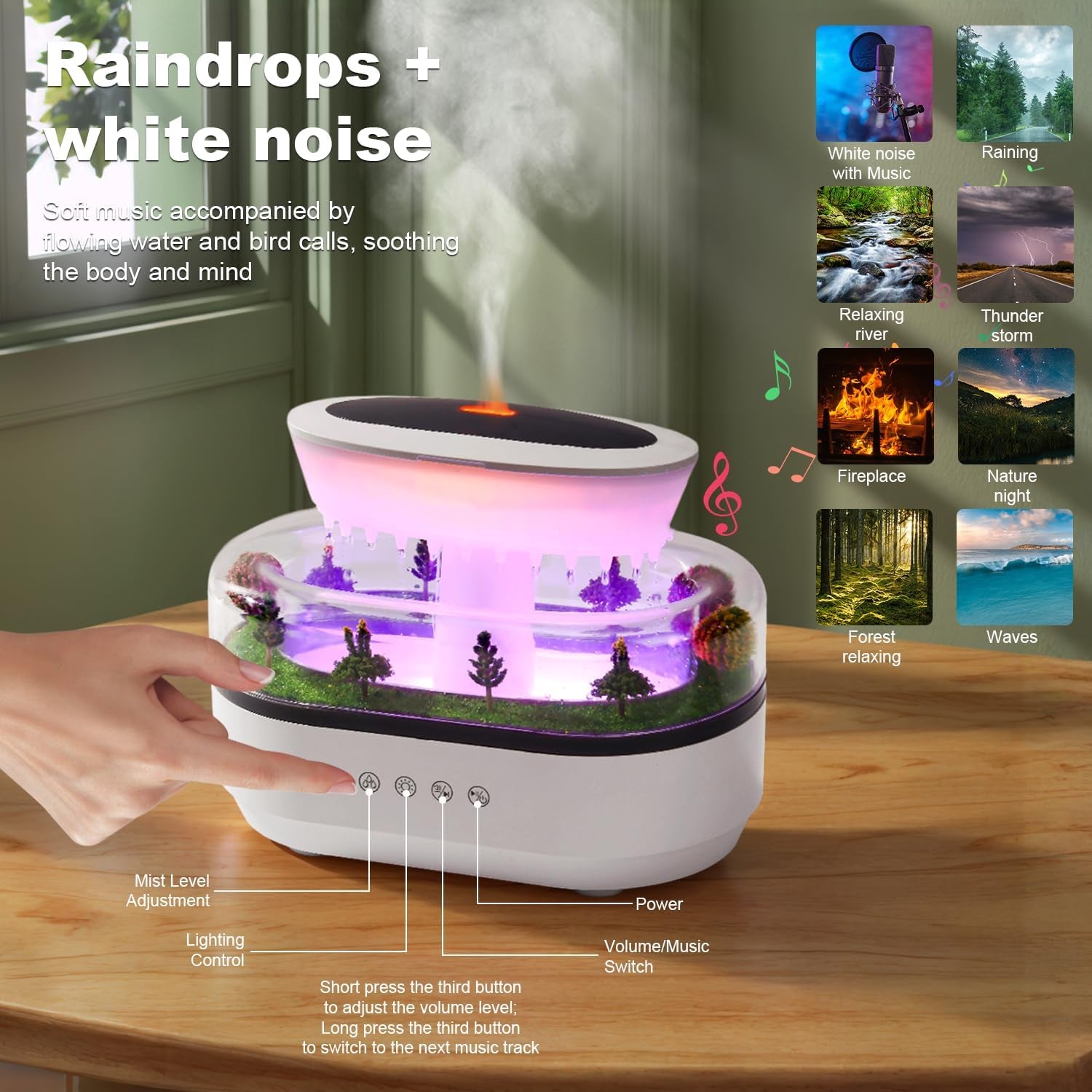 Cloud Rain Humidifier Water Drip, 7 Colors Rainfall Humidifier with Rain Sounds, 250Ml Microlandscape Raindrop Essential Oil Aromatherapy Diffuser for Bedroom, Silent Rain Lamp, Timing, Auto-Off
