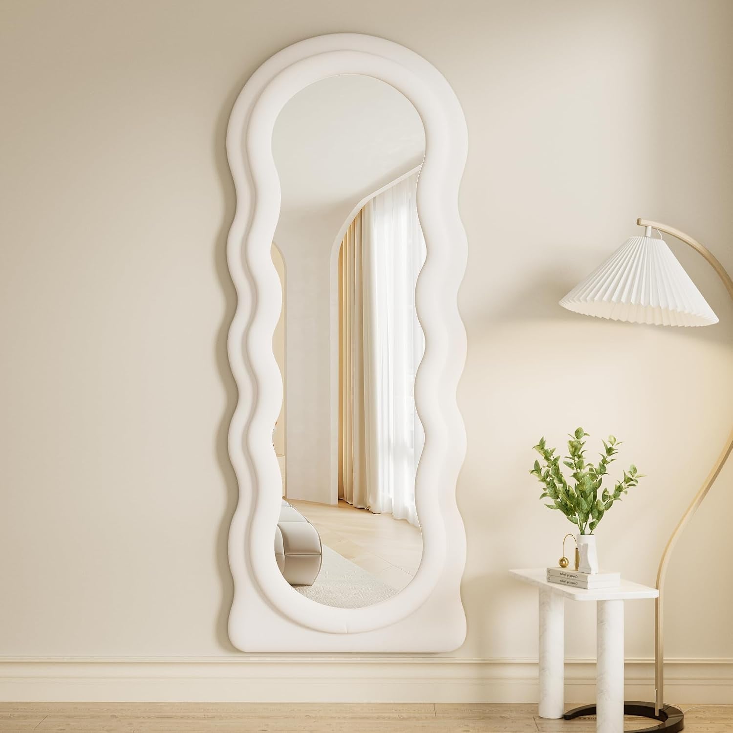 Full Length Mirorr, 63"X24" Mirrors Full Length, Irregular Wavy/Wall Mounted & Standing Floor Mirror with Flannel, Body Mirorr Hanging or Leaning against Wall for Bedroom (White)