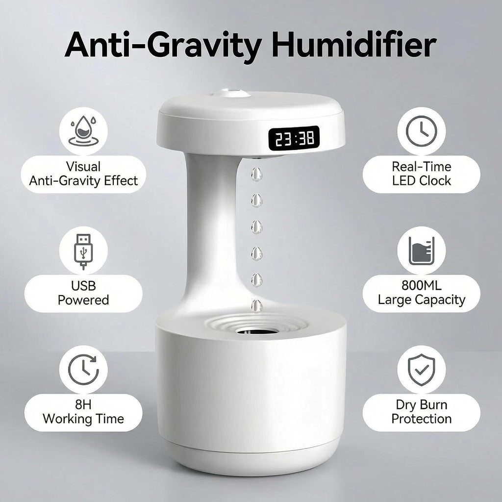 Humidifiers for Bedroom, 800Ml Cool Mist Air Humidifier, Anti-Gravity Digital Humidifier with LED Display, Quiet Knob Control for Bedroom, Plants, Nursery, Office - White