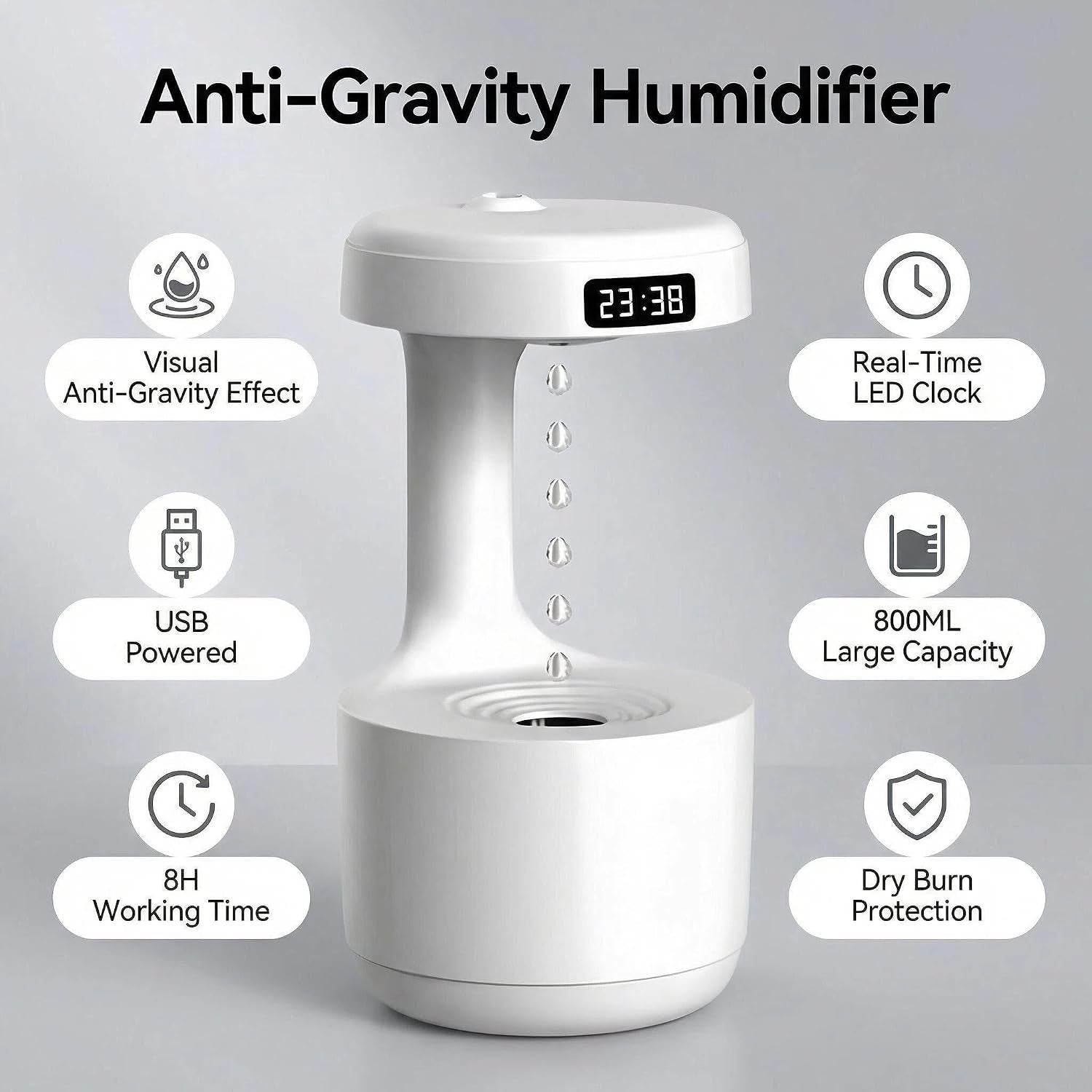 Humidifiers for Bedroom, 800Ml Cool Mist Air Humidifier, Anti-Gravity Digital Humidifier with LED Display, Quiet Knob Control for Bedroom, Plants, Nursery, Office - White