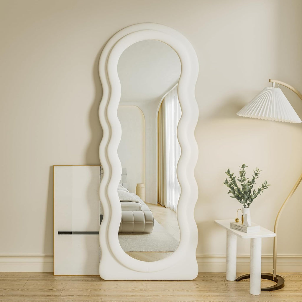Full Length Mirorr, 63"X24" Mirrors Full Length, Irregular Wavy/Wall Mounted & Standing Floor Mirror with Flannel, Body Mirorr Hanging or Leaning against Wall for Bedroom (White)