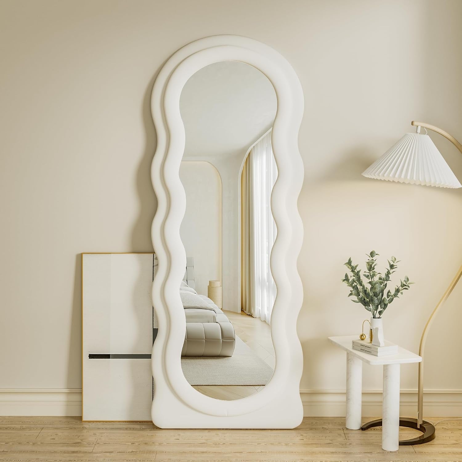 Full Length Mirorr, 63"X24" Mirrors Full Length, Irregular Wavy/Wall Mounted & Standing Floor Mirror with Flannel, Body Mirorr Hanging or Leaning against Wall for Bedroom (White)